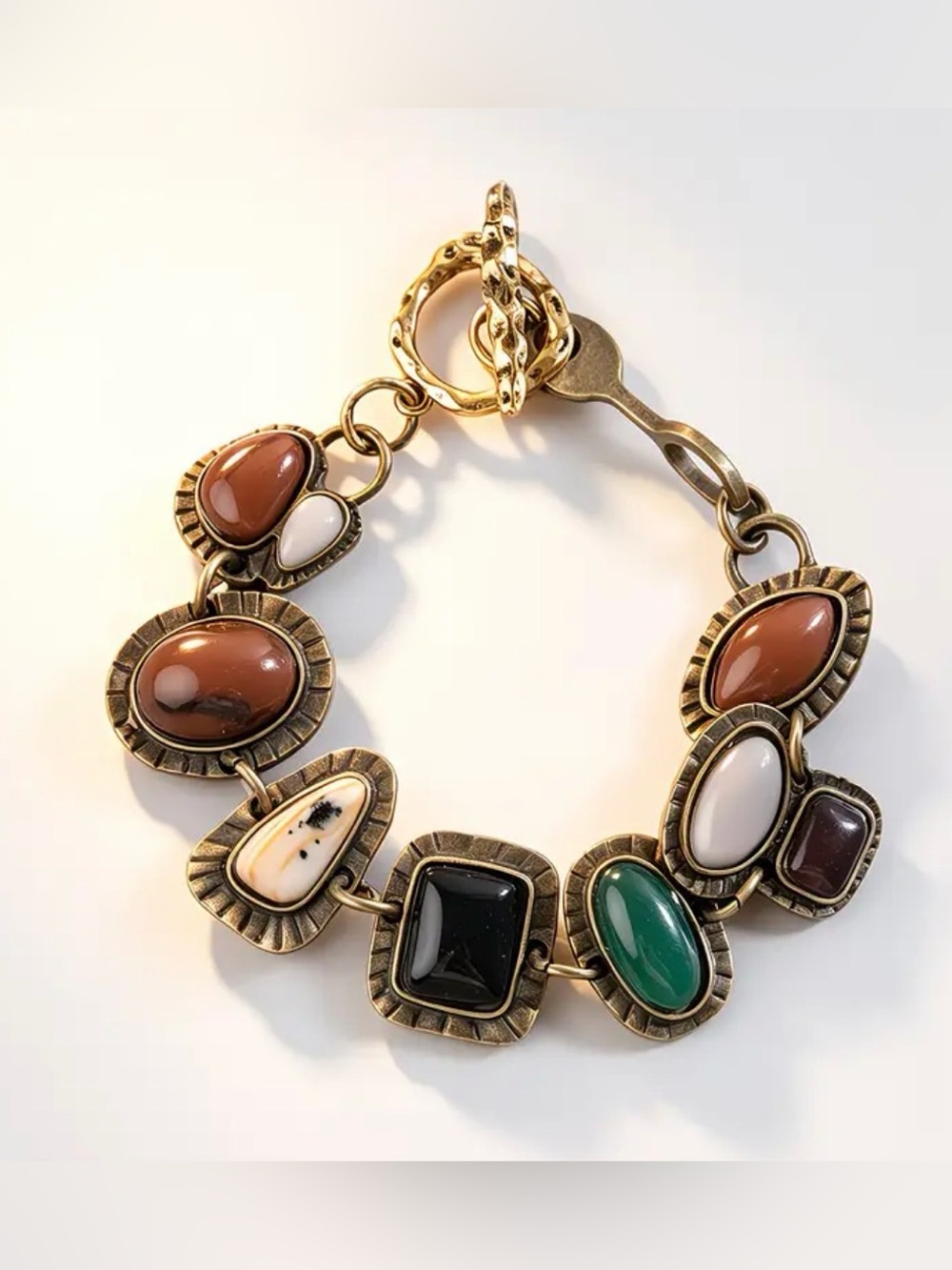Western Classic Multi-Stone Gold-Tone Link Bracelet - Green, Black, Brown, White